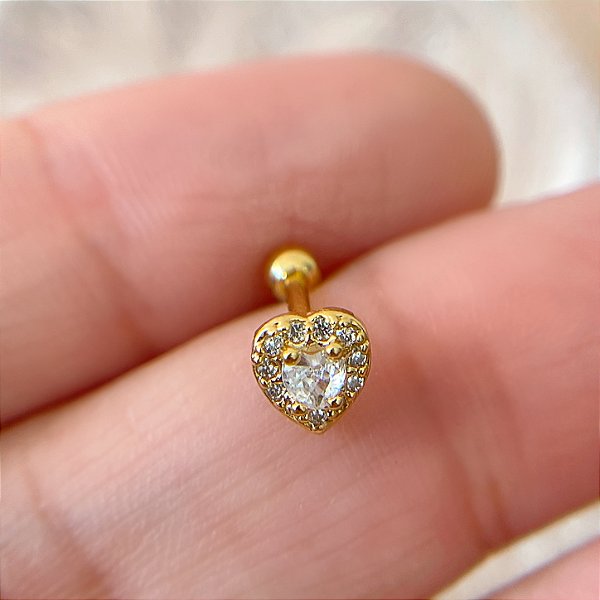 PIERCING TRÁGUS/CARTILAGEM CORAÇÃO CRAVEJADO ZIRCÔNIAS AÇO 316L 6MM FOLHEADO A OURO 18K SEMIJOIA PARA ATUALIZAÇÃO⭐️