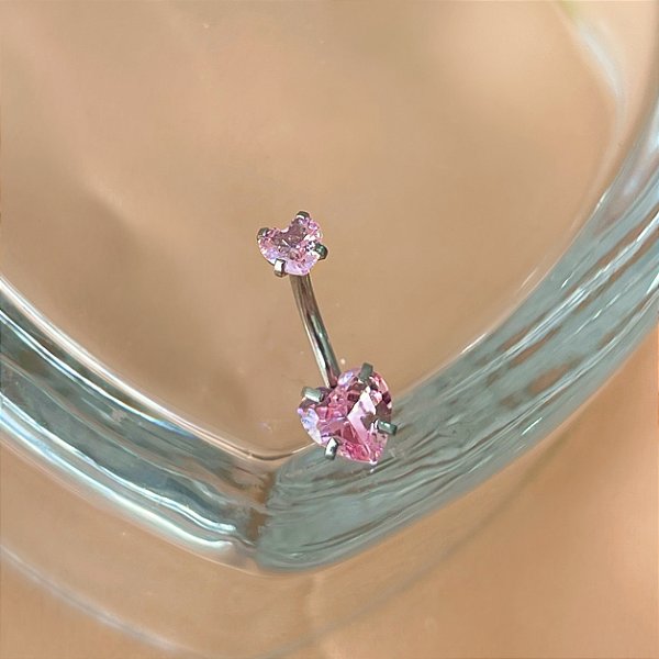 PIERCING UMBIGO HASTE AÇO 316L CORAÇÃO ZIRCÔNIA ROSA DUPLA 10MM FOLHEADO A RÓDIO SEMIJOIA PARA ATUALIZAÇÃO⭐️