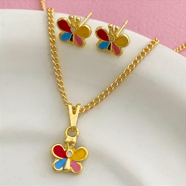 COLAR E BRINCO KIT INFANTIL BORBOLETA COLORIDA FOLHEADO A OURO 18K⭐