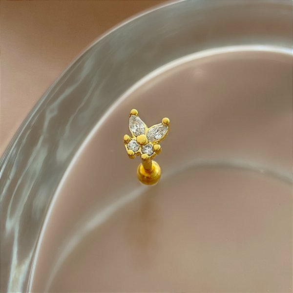 PIERCING CARTILAGEM BORBOLETA ZIRCÔNIAS 6MM HASTE AÇO 316L FOLHEADO A OURO 18K SEMIJOIA PARA ATUALIZAÇÃO⭐️