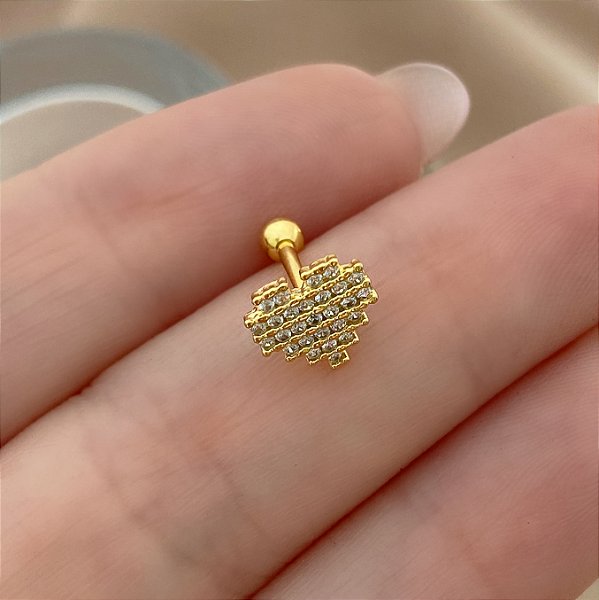 PIERCING CARTILAGEM CORAÇÃO ZIRCÔNIAS 6MM HASTE AÇO 316L FOLHEADO A OURO 18K SEMIJOIA PARA ATUALIZAÇÃO⭐️