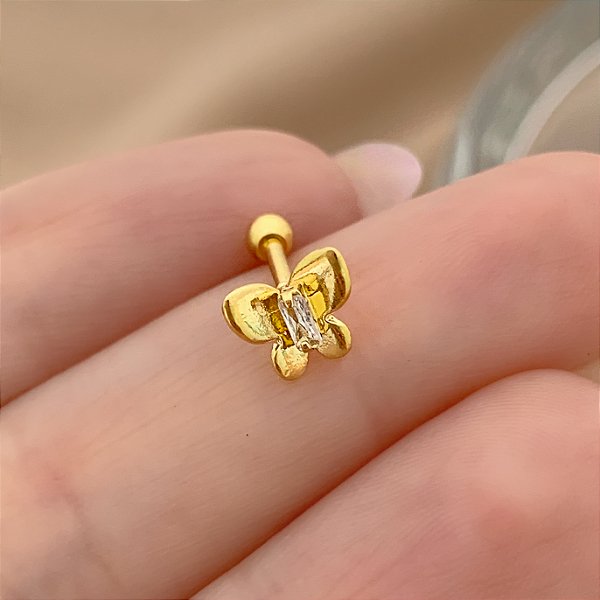 PIERCING TRÁGUS / CARTILAGEM BORBOLETA LISA PEDRA ZIRCÔNIA 6MM HASTE AÇO 316L FOLHEADO A OURO 18K SEMIJOIA PARA ATUALIZAÇÃO⭐️