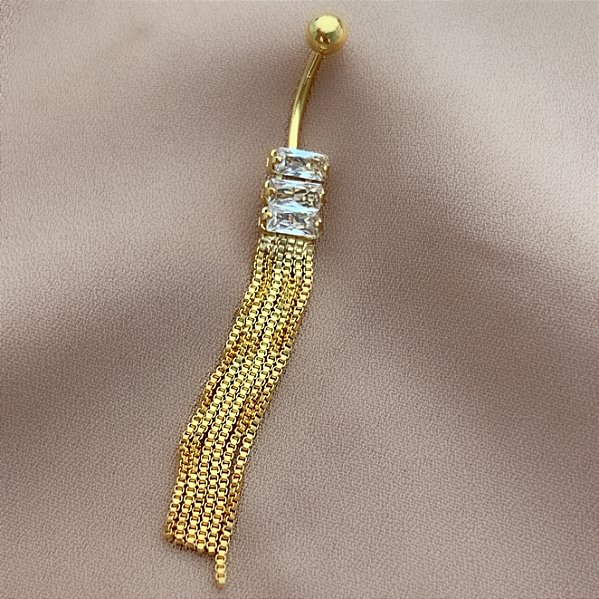 PIERCING UMBIGO HASTE AÇO 316L FRANJAS E ZIRCÔNIAS 10MM FOLHEADO A OURO 18K SEMIJOIA PARA ATUALIZAÇÃO⭐️