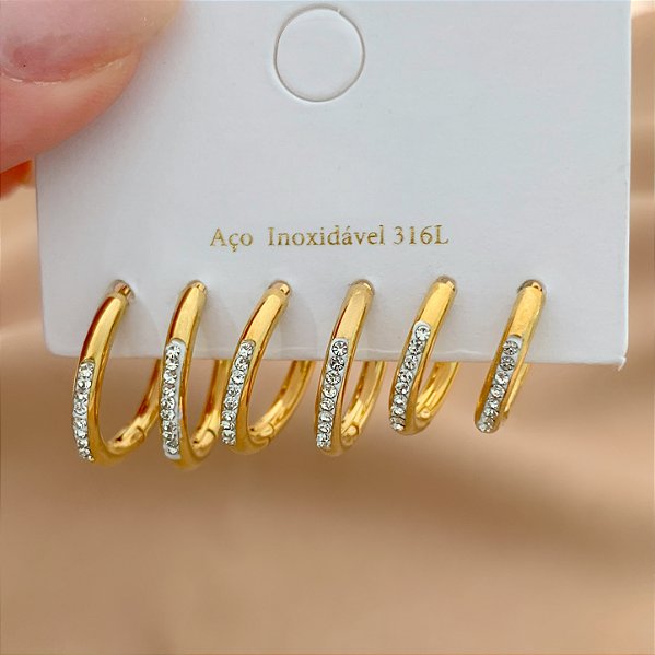 BRINCO KIT ARGOLINHAS FINAS STRASS DOURADO AÇO 316L⭐️
