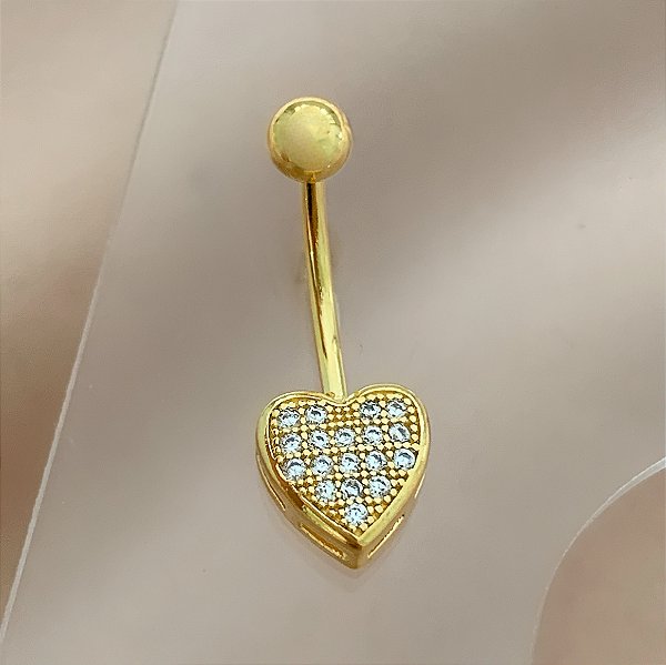 PIERCING UMBIGO CORAÇÃO MICRO ZIRCÔNIAS 10MM HASTE AÇO 316L FOLHEADO A OURO 18K SEMIJOIA PARA ATUALIZAÇÃO⭐️