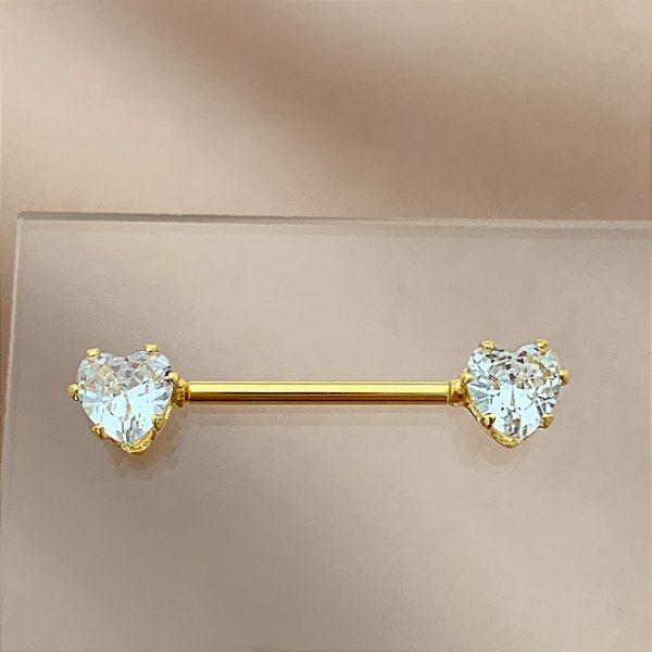 PIERCING MAMILO AÇO 316L CORAÇÃO ZIRCÔNIAS 14MM FOLHEADO A OURO 18K SEMIJOIA PARA ATUALIZAÇÃO⭐️