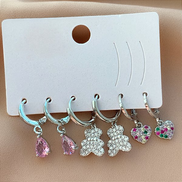 BRINCO KIT ARGOLINHAS ZIRCÔNIAS ISABEL PRATEADO BIJU