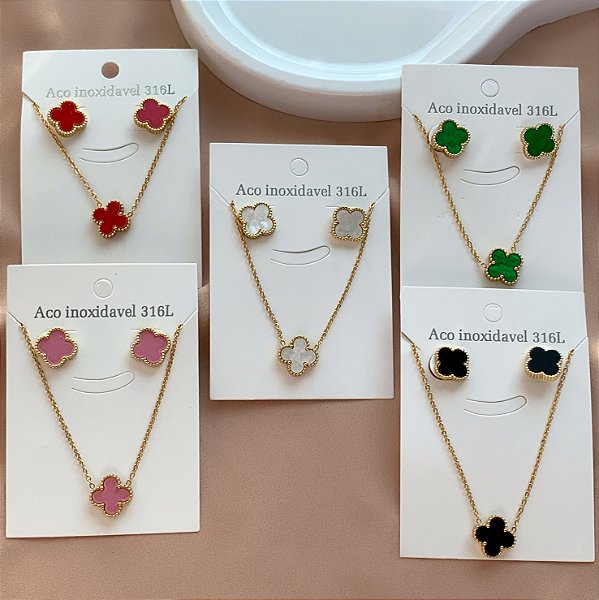 COLAR E BRINCO KIT TREVO RESINADO DOURADO AÇO 316L⭐️