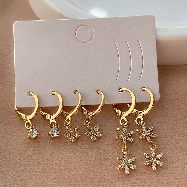 BRINCO KIT ARGOLINHAS FLOR ZIRCÔNIAS MELINDA DOURADO BIJU