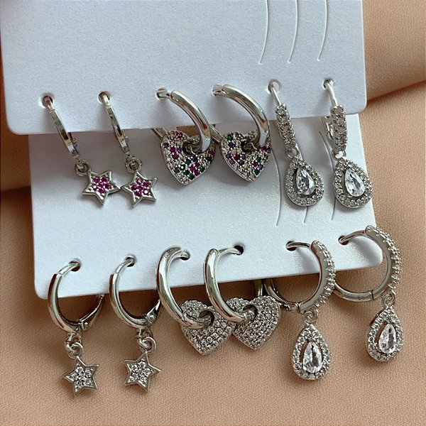 BRINCO KIT ARGOLINHAS FORMATOS ZIRCÔNIAS BIANCA PRATEADO BIJU