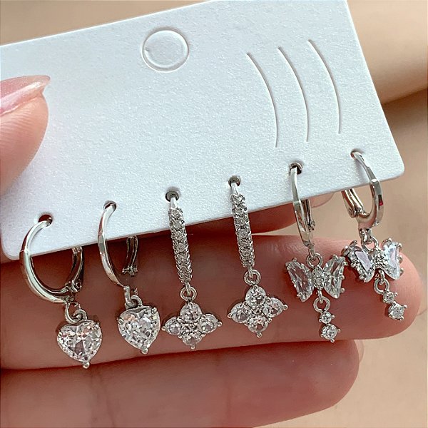 BRINCO KIT ARGOLINHAS ZIRCÔNIAS JOYCE PRATEADO BIJU