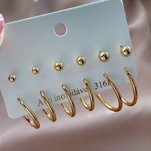 BRINCO KIT ARGOLAS E BOLINHAS DOURADO AÇO 316L⭐️