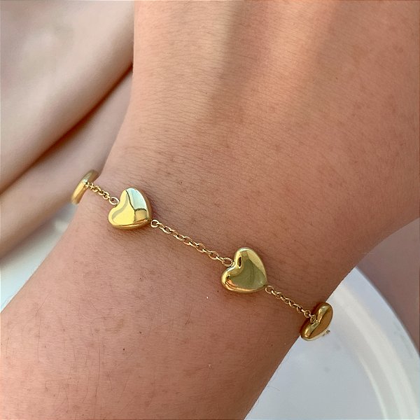 PULSEIRA CORAÇÕES LISOS BOLEADOS DOURADO AÇO 316L⭐️