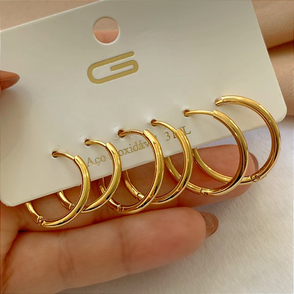 BRINCO KIT ARGOLINHAS FINAS DOURADO AÇO 316L⭐️
