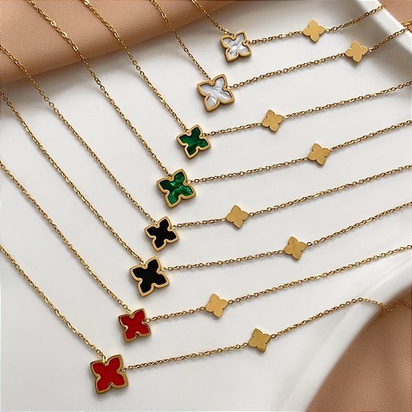 COLAR DUPLO TREVO RESINADO PLAQUINHAS DOURADO AÇO 316L⭐️
