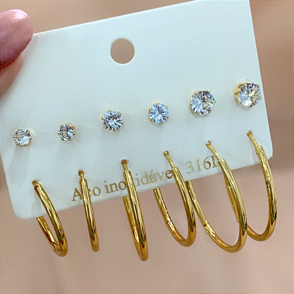 BRINCO KIT ARGOLINHAS FINAS E PONTO DE LUZ ZIRCÔNIAS DOURADO AÇO 316L⭐️