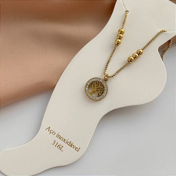 TORNOZELEIRA ÁRVORE DA VIDA BORDA ZIRCÔNIAS DOURADO AÇO 316L⭐️