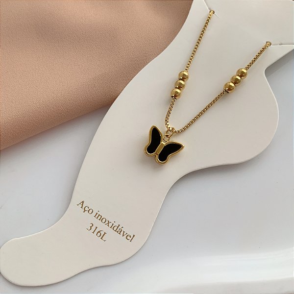TORNOZELEIRA BORBOLETA RESINADA E BOLINHAS DOURADO AÇO 316L⭐️