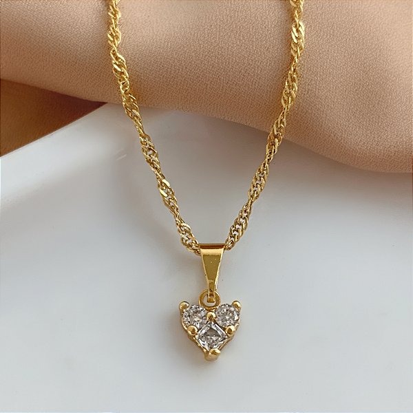 COLAR CORAÇÃO PEDRAS ZIRCÔNIAS FORMATOS FOLHEADO A OURO 18K⭐️