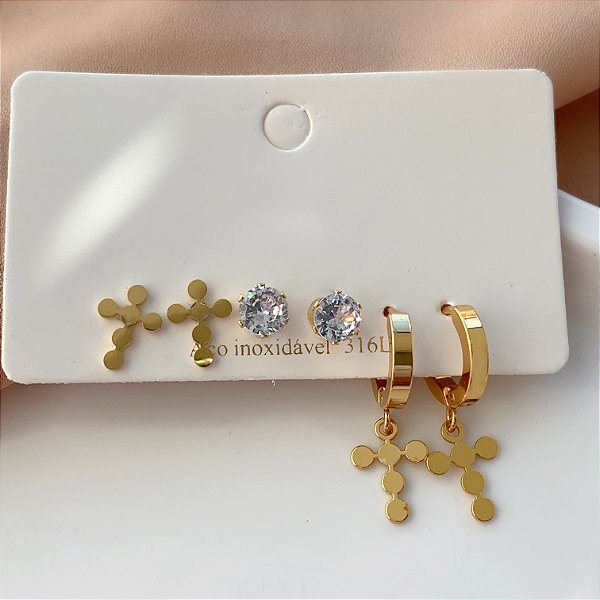 BRINCO KIT CRUZ BOLINHAS E ZIRCÔNIA DOURADO AÇO 316L⭐️