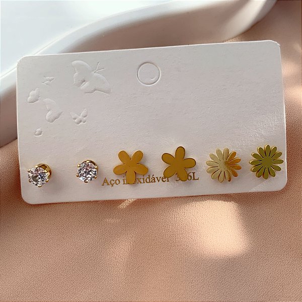 BRINCO KIT FLOR E PONTO DE LUZ ZIRCÔNIA DOURADO AÇO 316L⭐️