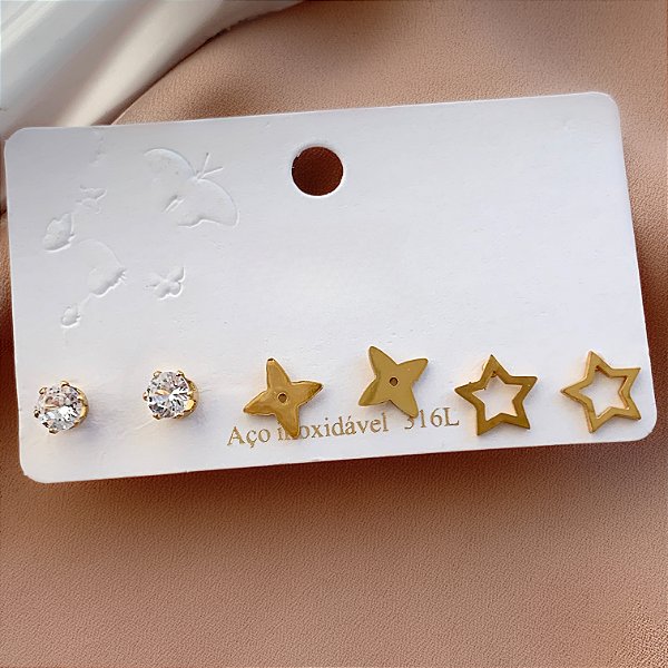 BRINCO KIT ESTRELA, TREVO E PONTO DE LUZ ZIRCÔNIA DOURADO AÇO 316L⭐️