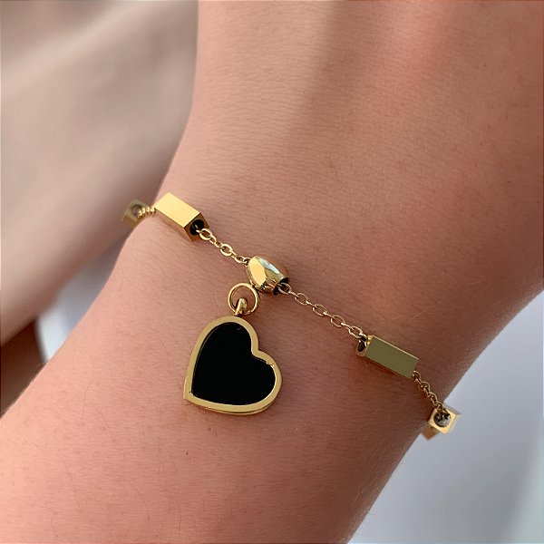 PULSEIRA CORAÇÃO RESINADO DETALHE QUADRADINHOS DOURADO AÇO 316L⭐️