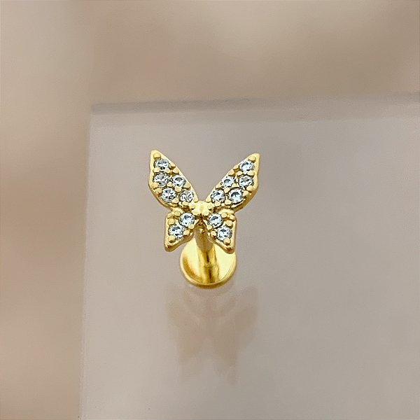 PIERCING CARTILAGEM/TRÁGUS HASTE AÇO 316L BORBOLETA CRAVEJADA EM ZIRCÔNIAS 6MM FOLHEADO A OURO 18K SEMIJOIA PARA ATUALIZAÇÃO⭐️