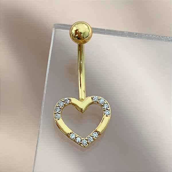 PIERCING UMBIGO CORAÇÃO VAZADO ZIRCÔNIAS 10MM HASTE AÇO 316L FOLHEADO A OURO 18K SEMIJOIA PARA ATUALIZAÇÃO⭐️