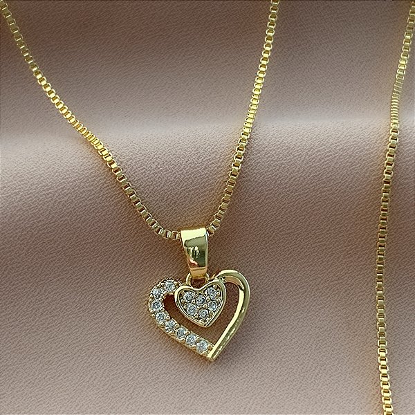 COLAR CORAÇÃO DUPLO ZIRCÔNIAS FOLHEADO A OURO 18K⭐️