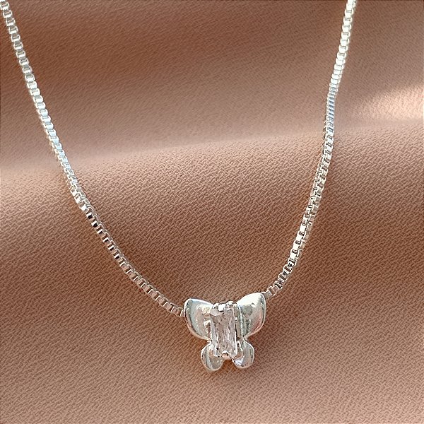 COLAR BORBOLETA MINI ZIRCÔNIA UNITÁRIA FOLHEADO A PRATA⭐️