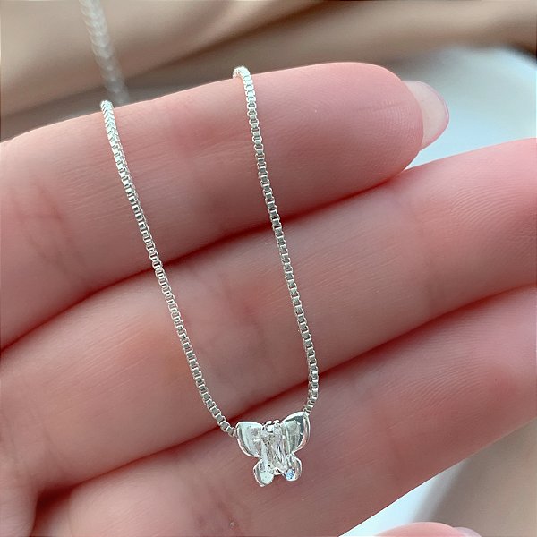 COLAR BORBOLETA MINI ZIRCÔNIA UNITÁRIA FOLHEADO A PRATA⭐️