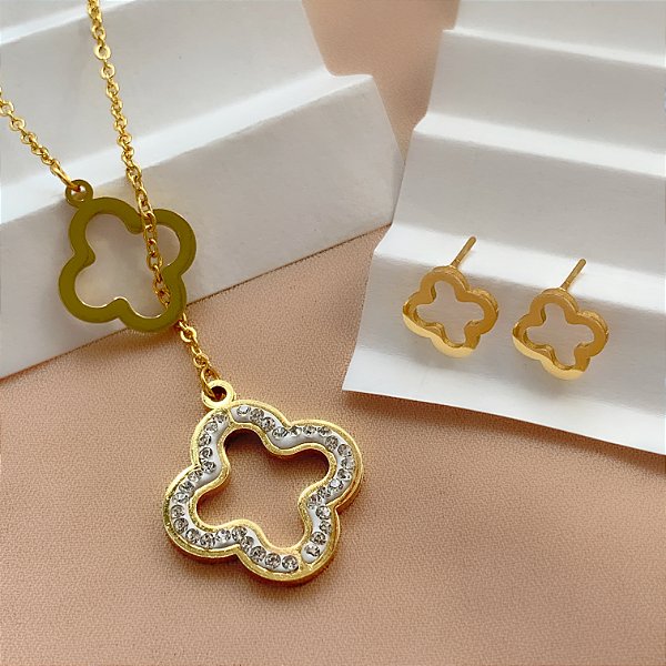 COLAR E BRINCO KIT GRAVATINHA TREVO ZIRCÔNIAS DOURADO AÇO 316L⭐️