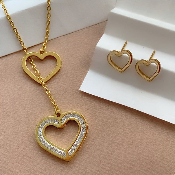 COLAR E BRINCO KIT GRAVATINHA CORAÇÕES ZIRCÔNIAS DOURADO AÇO 316L⭐️