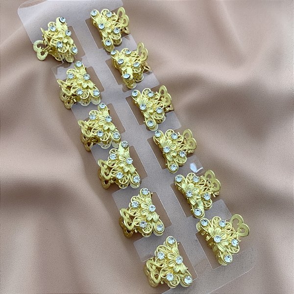 PRESILHA KIT MEIA FLOR STRASS 12 UNIDADES DOURADO BIJU