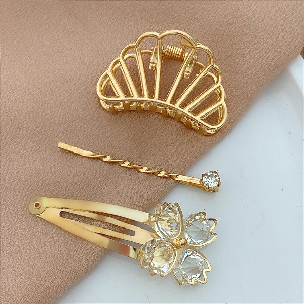 PRESILHA KIT FLOR ZIRCÔNIAS E CONCHA VAZADA DOURADO
