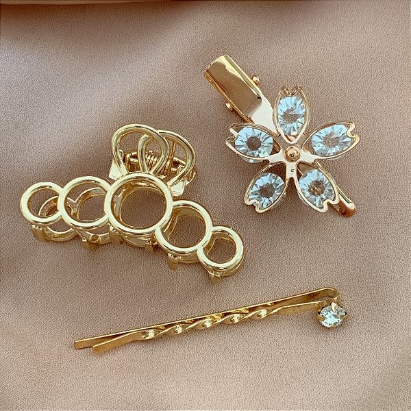 PRESILHA KIT FLOR ZIRCÔNIAS E BOLINHAS VAZADAS DOURADO