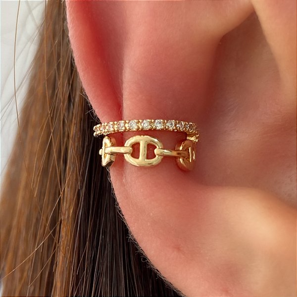 PIERCING FAKE CORRENTE FIO ZIRCÔNIAS DOURADO BIJU