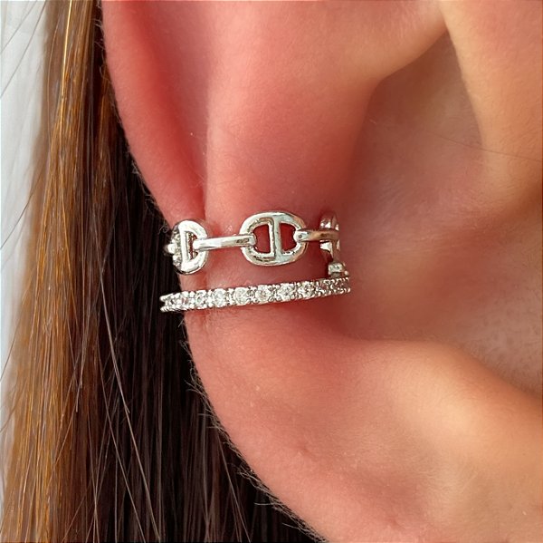 PIERCING FAKE CORRENTE FIO ZIRCÔNIAS PRATEADO BIJU