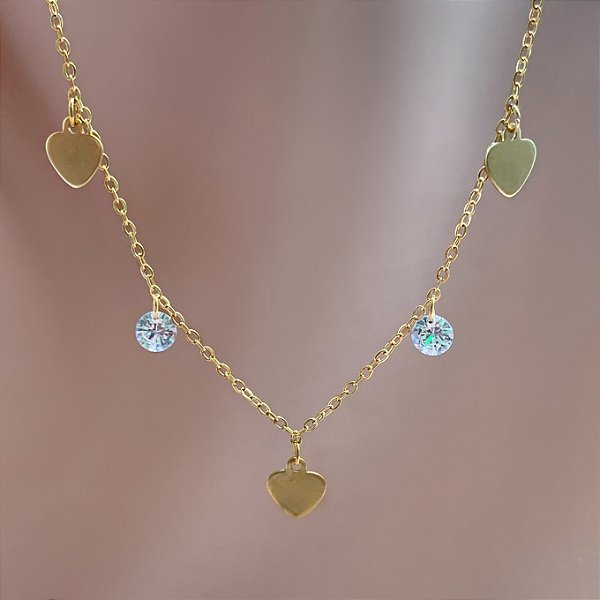 COLAR CORAÇÕES LISOS E ZIRCÔNIAS DOURADO AÇO 316L⭐️