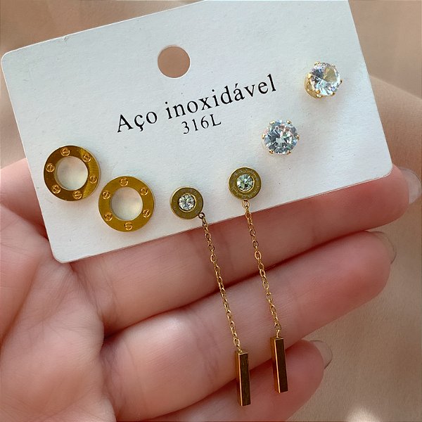 BRINCO KIT CÍRCULO DESENHADO E ZIRCÔNIAS DOURADO AÇO 316L⭐️