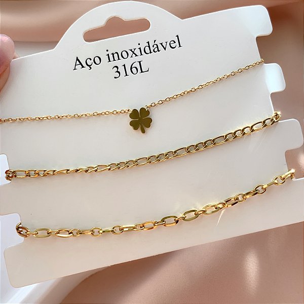 PULSEIRA KIT TREVO E CORRENTES DOURADO AÇO 316L⭐️