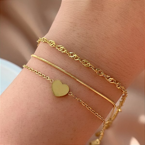 PULSEIRA KIT CORAÇÃO E CORRENTES DELICADAS DOURADO AÇO 316L⭐️