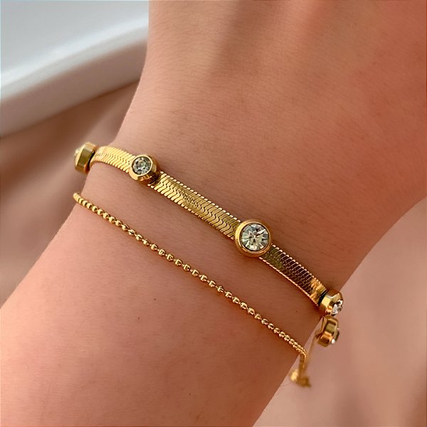 PULSEIRA CORRENTE DUPLA FITA FINA ZIRCÔNIAS E BOLINHAS MINI DOURADO AÇO 316L⭐️