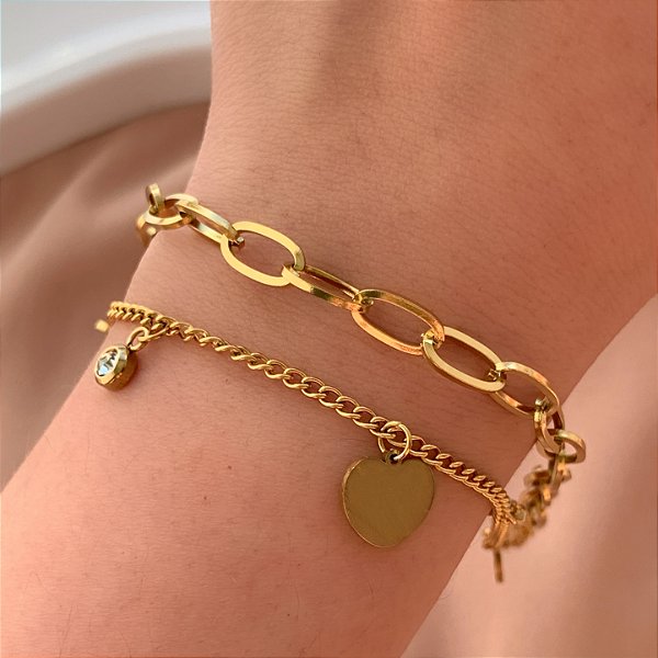 PULSEIRA CORRENTE DUPLA CORAÇÃO ACHATADO LISO DOURADO AÇO 316L⭐️