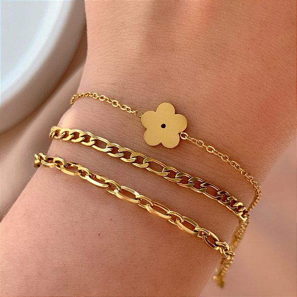 PULSEIRA KIT FLOR E CORRENTES DELICADAS DOURADO AÇO 316L⭐️