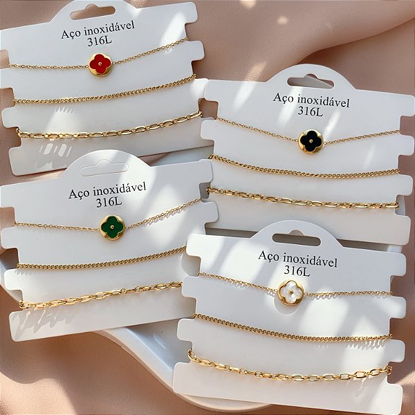 PULSEIRA KIT TREVO RESINADO E CORRENTES DELICADAS DOURADO AÇO 316L⭐️
