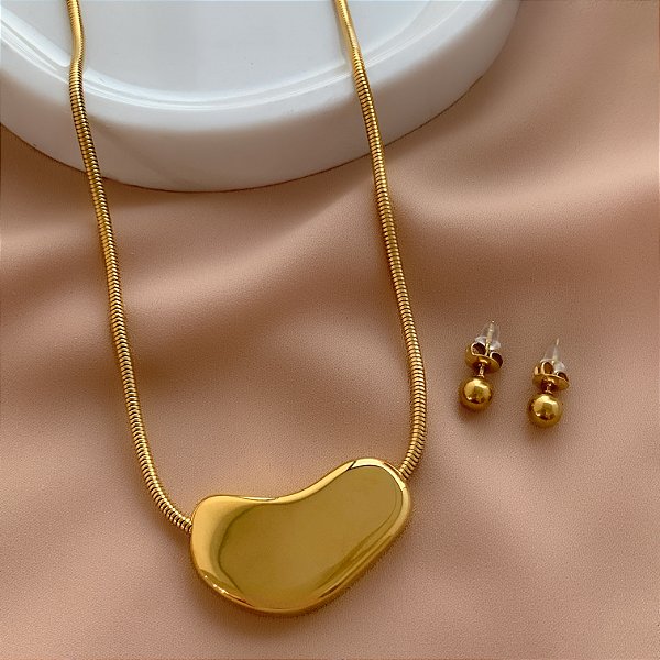 COLAR E BRINCO KIT PINGENTE ORGÂNICO DOURADO AÇO 316L PREMIUM⭐️
