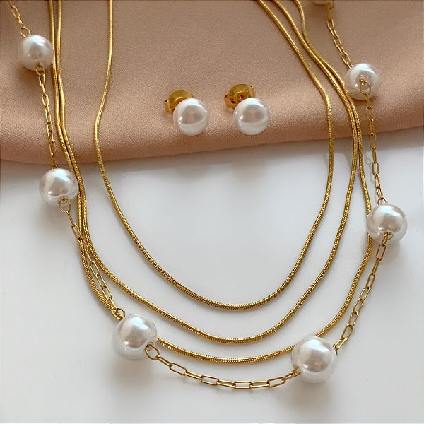 COLAR E BRINCO KIT CORRENTE E PÉROLAS DOURADO AÇO 316L PREMIUM⭐️