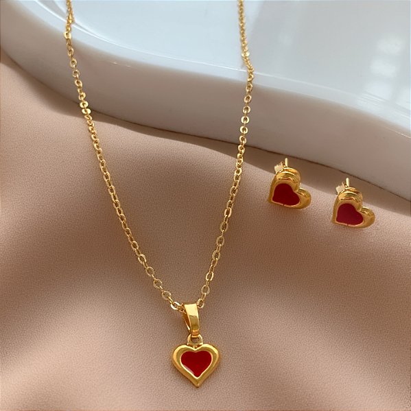 COLAR E BRINCO KIT INFANTIL CORAÇÃO FOLHEADO A OURO 18K⭐